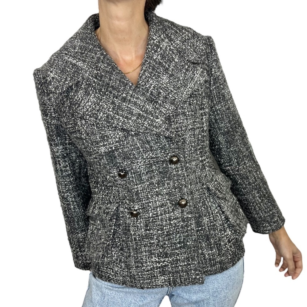 Preppy old money Mac & Jac grey wool blend tweed blazer jacket L